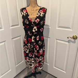 Donna Ricco Black Midi Dress with Red, Pink & Cream Floral Print